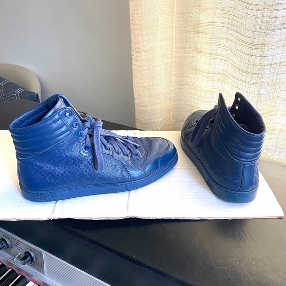GUCCI BLUE LEATHER HI-CUT RUBBER SHOES SNEAKERS 6 - Picture 1 of 12